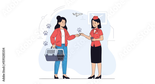 Woman At Airport With Pet And Airline Employee Presenting Boarding Pass