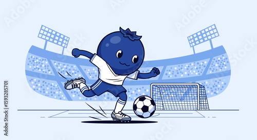 Playful Blueberry Character Kicking a Soccer Ball in Stadium Illustration