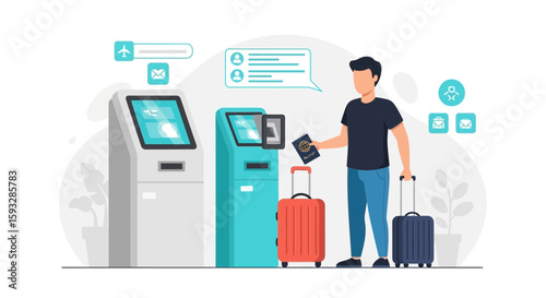 Traveler At Airport Self Service Check In Kiosk With Baggage And Passport