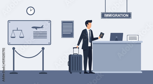 Traveler At Immigration Control In Airport, Checking Passport Document