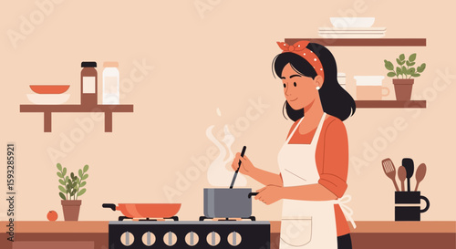 Young Woman Cooking In Kitchen With Bandana Minimalist Illustration