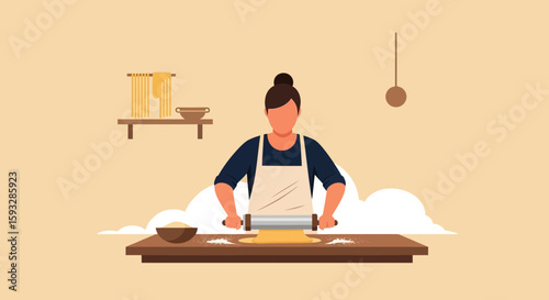 Woman Baking Pastry Dough With Rolling Pin In Kitchen In Flat Design