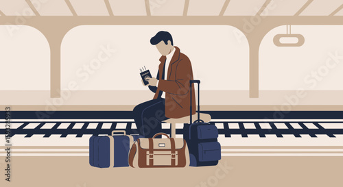 Traveler Checks Passport Waiting At A Train Station Platform Ready To Depart