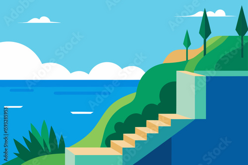 Stylized landscape with stairs leading to the sea