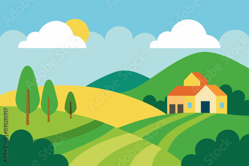 Flat design rural landscape with farmhouse and rolling hills
