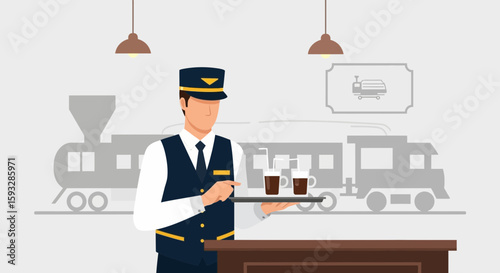 Polite Conductor Offering Coffee On Vintage Train Travel Illustration