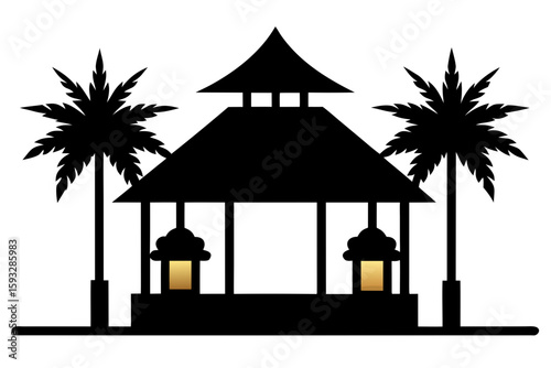 Tropical gazebo with palm trees and lanterns silhouette