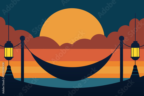 Relaxing hammock under a sunset sky with lanterns