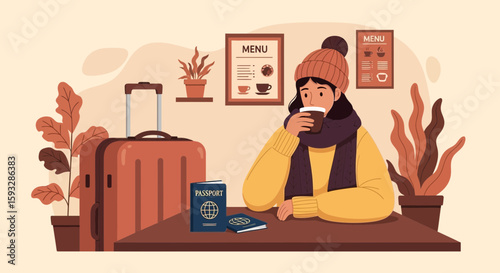 Traveler Enjoying Coffee During Layover Before Departure At Airport Lounge