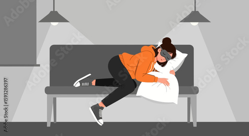 Young Woman Napping On Couch With Sleep Mask During Daytime Leisure Time