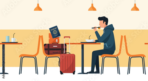 Traveler Enjoying Meal While Waiting For Departure Time With Suitcase And Passport