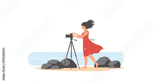Young Woman Photographer Setting Up Camera on Beach Tripod For Landscape