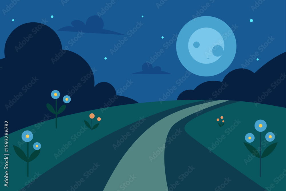 Fototapeta premium Peaceful night landscape with moon and flowers