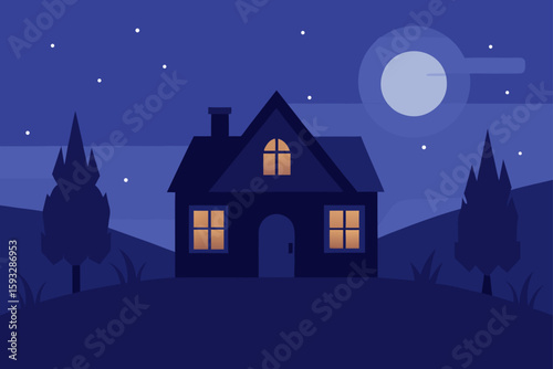 Cozy house illuminated by moonlight on a starry night