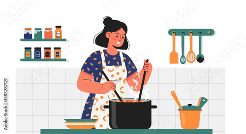 Woman Cooking Stew In Kitchen With Utensils And Ingredients On Shelves