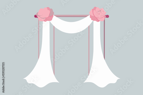 Elegant wedding arch with draping fabric and pink flowers