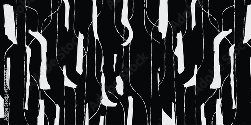 Dynamic hand drawn abstract pattern with organic lines and shapes in contrasting black and white, tribal and ethnic handcrafted textured background, simple graphic for textile
