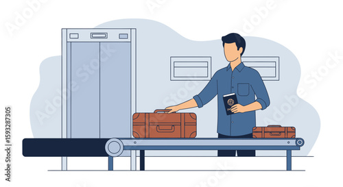 Traveler Passes Luggage Through Security Screening at Airport Checkpoint