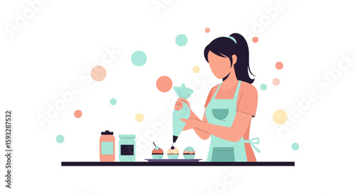 Woman Decorating Cupcakes With Cream Confectionery Bag In Kitchen Sweet Dessert