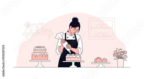 Woman Decorating Cake In Bakery Shop With Pastry Bag Illustration