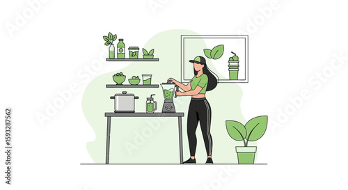 Young Woman Preparing Healthy Green Smoothie In The Kitchen Illustration