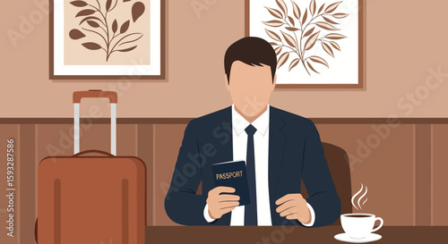 Traveler Prepares For His Journey In An Elegant Cozy Waiting Room