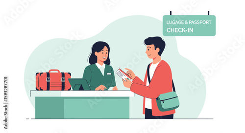 Traveler Presents Passport And Ticket At Airport Luggage And Passport Check In Desk