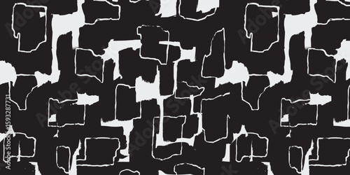 Bold hand drawn abstract pattern featuring irregular rectangular and block shapes in black and white contrast, tribal and ethnic handcrafted textured background, simple graphic for textile

