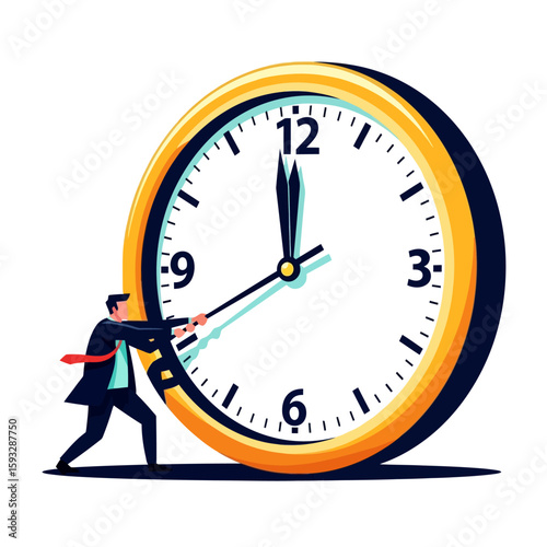 Businessman struggles to manipulate a large clock, symbolizing the pressure of time management.