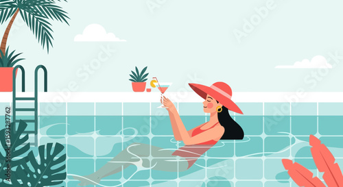 Woman Enjoying a Cocktail in a Refreshing Swimming Pool Under the Summer Sun