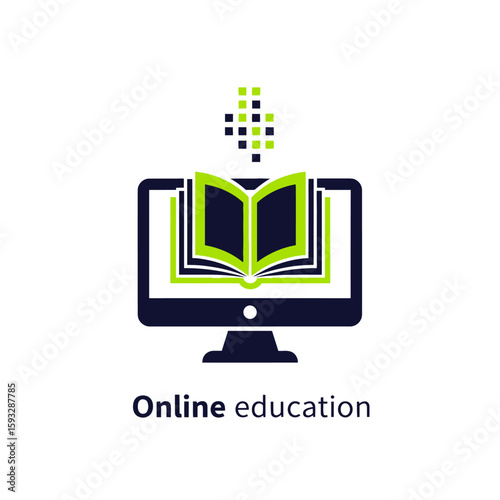 A stylized image depicting online education with a book displayed on a computer screen, symbolizing digital learning.