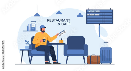 Traveler Relaxing With Coffee And Ticket Waiting In Airport Restaurant