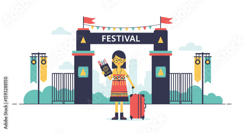 Woman Enjoying Cultural Festival Tour With Luggage And Documents Illustration
