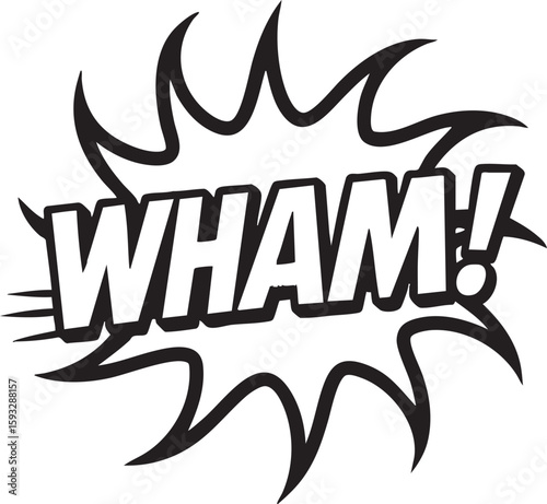 Monochrome comic book sound effect in a pop art style. A retro explosion bubble expressing a powerful impact or surprise.