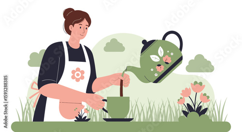 Woman Enjoying Hot Beverage Outdoors Preparing Tea In A Serene Setting