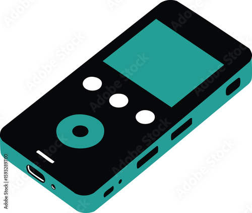 Portable digital voice recorder device with black and teal colors in isometric style vector illustration