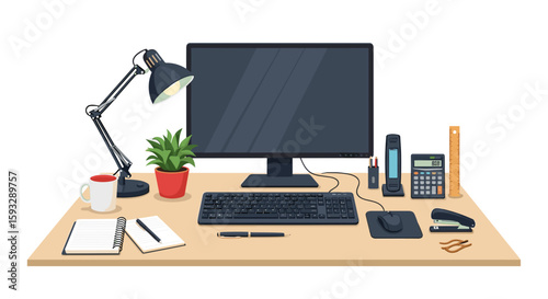View of a desk setup with a computer monitor keyboard mouse lamp plant and office supplies arranged neatly on transparent background