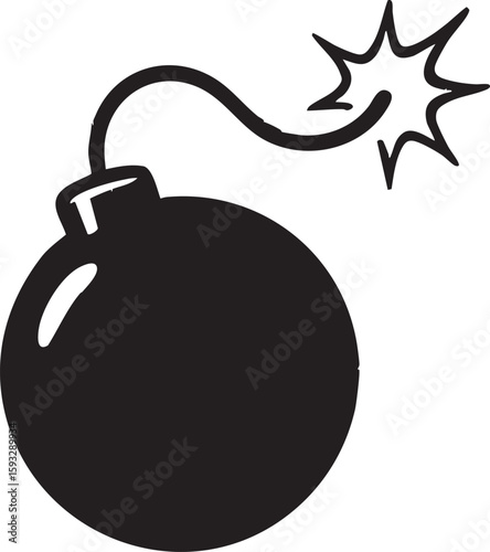 Stylized Black and White Illustration of a Classic Round Bomb with a Lit Fuse, Symbolizing Danger, Explosion, and Urgent Threat