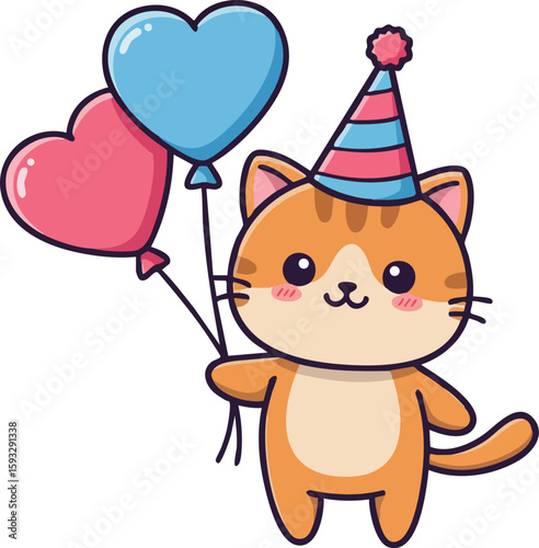 Cute orange cat holding blue and pink heart balloons with party hat birthday celebration vector illustration 
