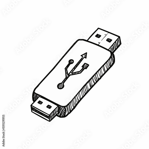 USB flash drive icon with sketch design and monochrome style  