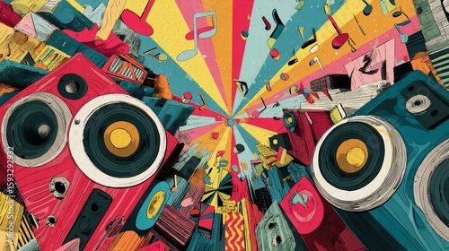 Colorful music city.  Abstract urban scene