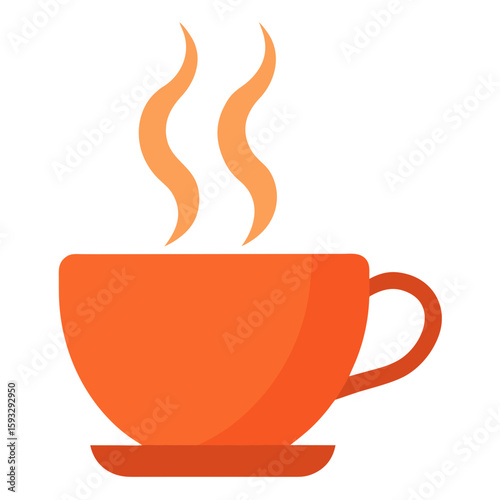 Steaming orange coffee cup with saucer