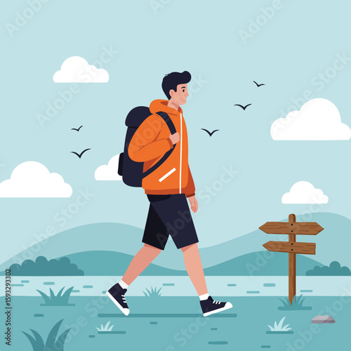 Young man hiking with backpack on nature trail near wooden signpost vector illustration 