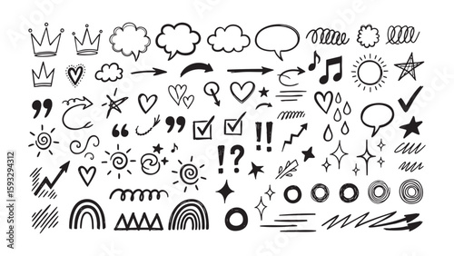 Set of hand-drawn doodle elements arrows, shapes, speech bubbles, and decorative doodles for creative designs.