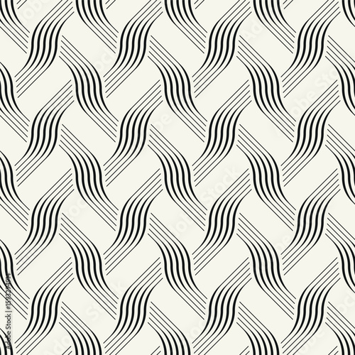 Vector seamless pattern. Endless, stylish, tileable design. Rippled, monochrome, geometric background. Linear, weaved grid. Thin, interlaced swatch. Can be used as a swatch for Illustrator.