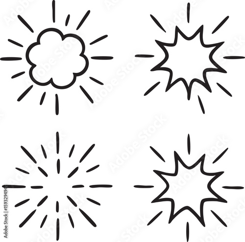 Set of hand-drawn doodle explosions and sunbursts. Collection of comic style star burst and sparkle line art vector icons.