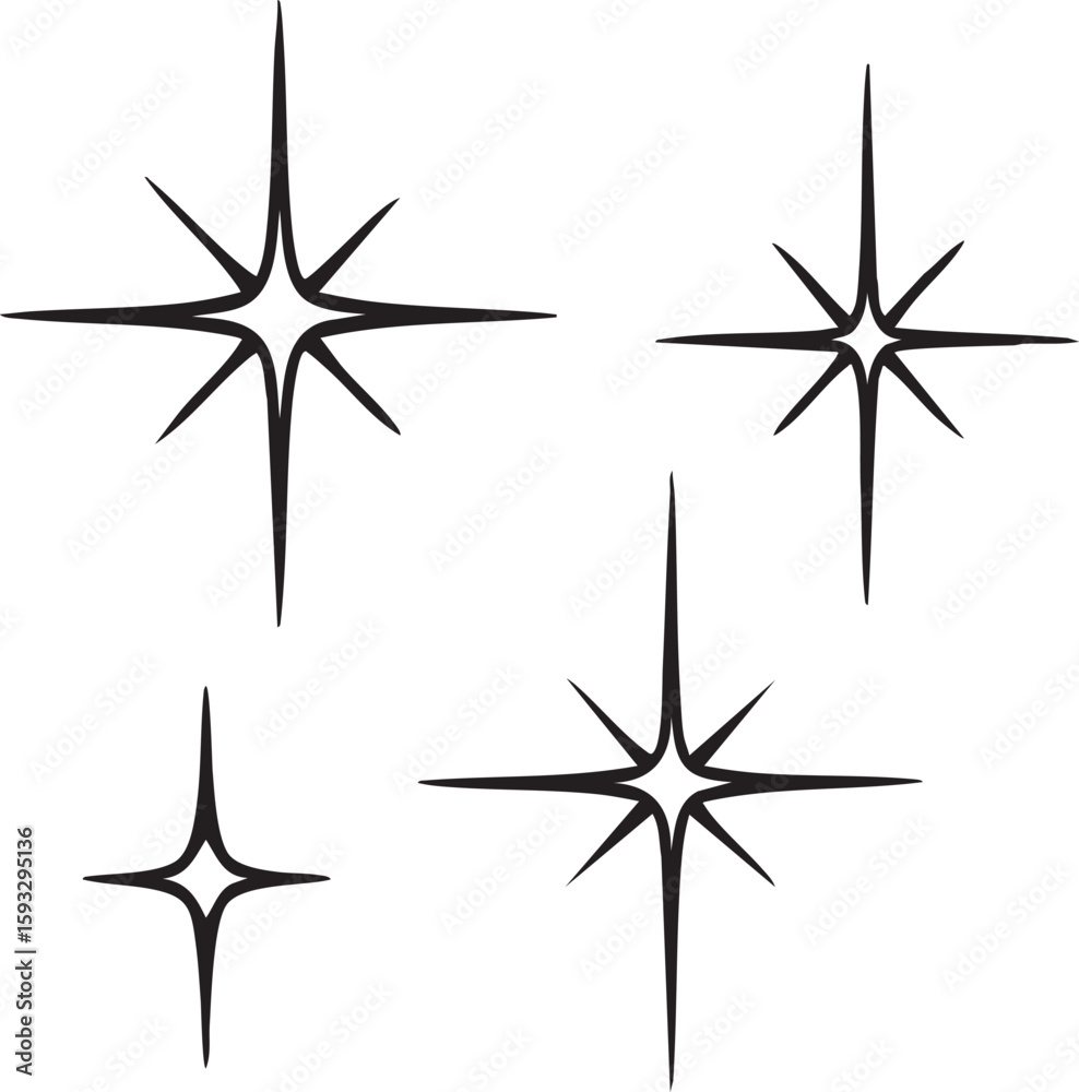 A collection of four stylized black starburst and sparkle vector icons. Retro mid-century design elements for graphic decoration on a white background. A collection of four stylized black starburst and sparkle vector icons. Retro mid-century design elements for graphic decoration on a white background.