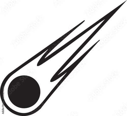 Stylized monochrome illustration of a falling meteor, a simple vector graphic icon symbolizing speed, power, and a cosmic event.