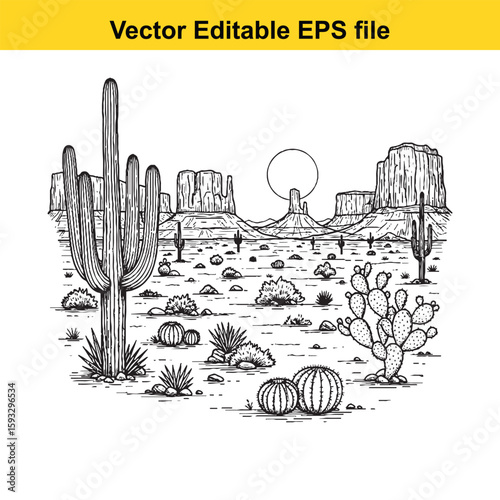 A desert landscape with saguaro and prickly pear cacti