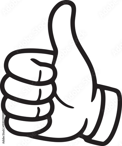 Cartoon hand giving a thumbs-up gesture. A black and white line art illustration symbolizing approval, success, and positivity.
